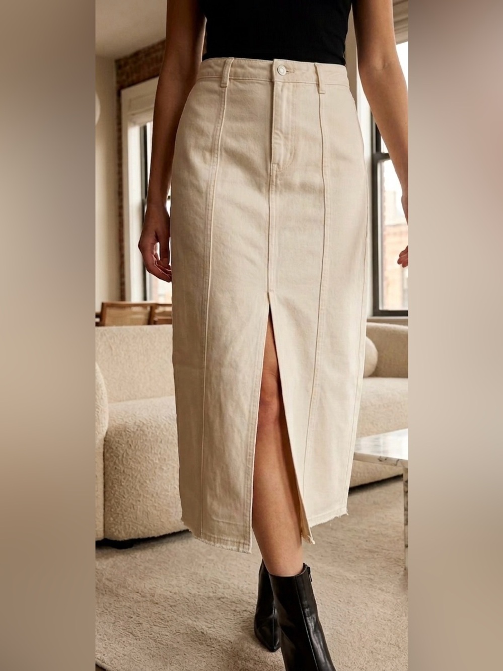 MIOU MUSE Ecru Denim Front Slit Midi Skirt - Size M
